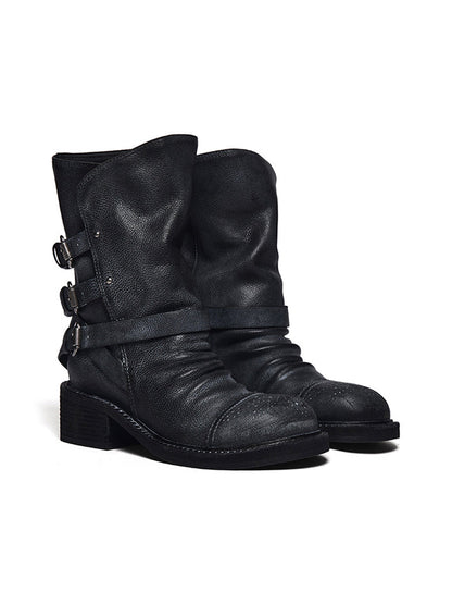 Distressed Triple-Buckle Ankle Boots