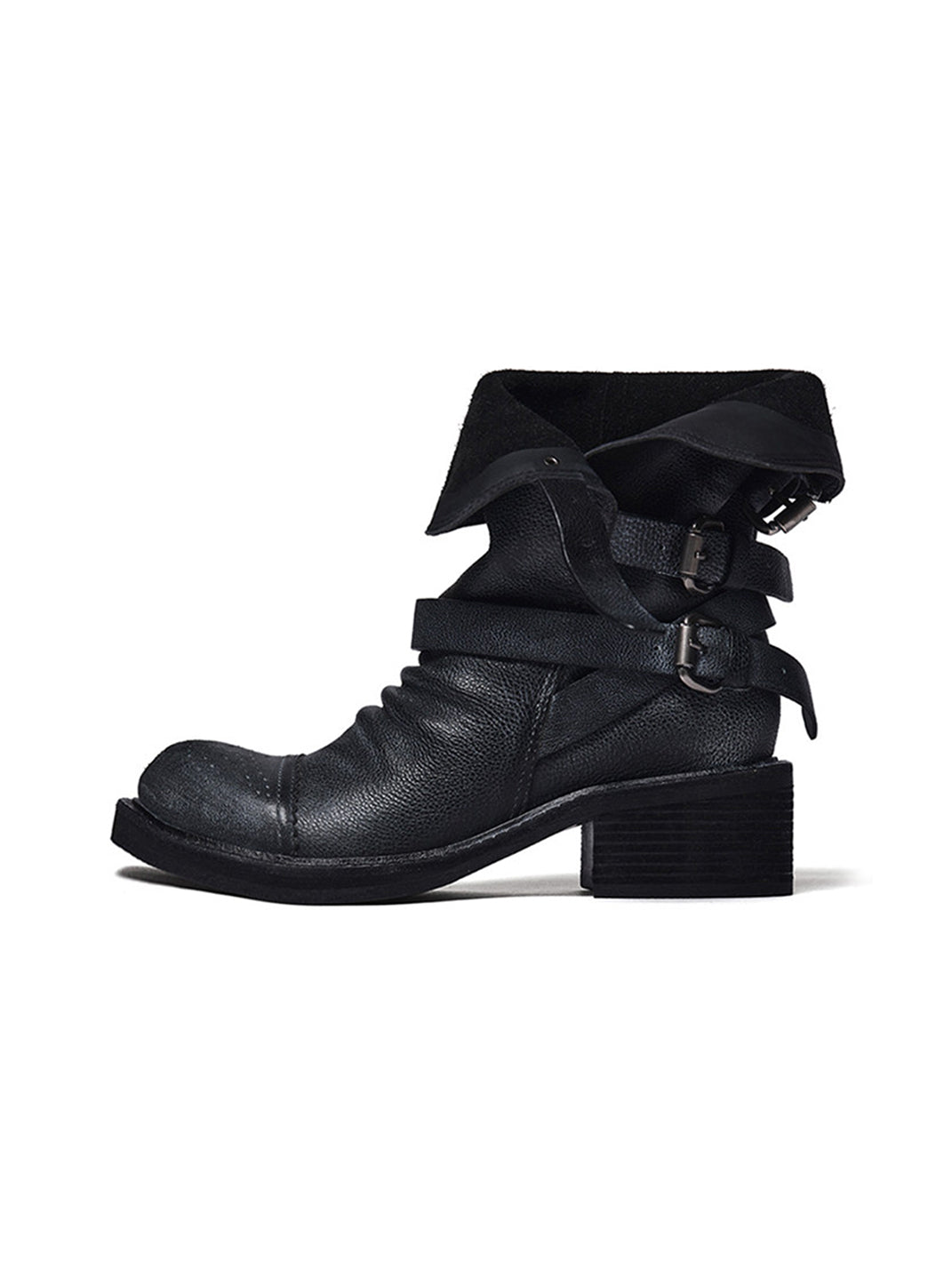 Distressed Triple-Buckle Ankle Boots