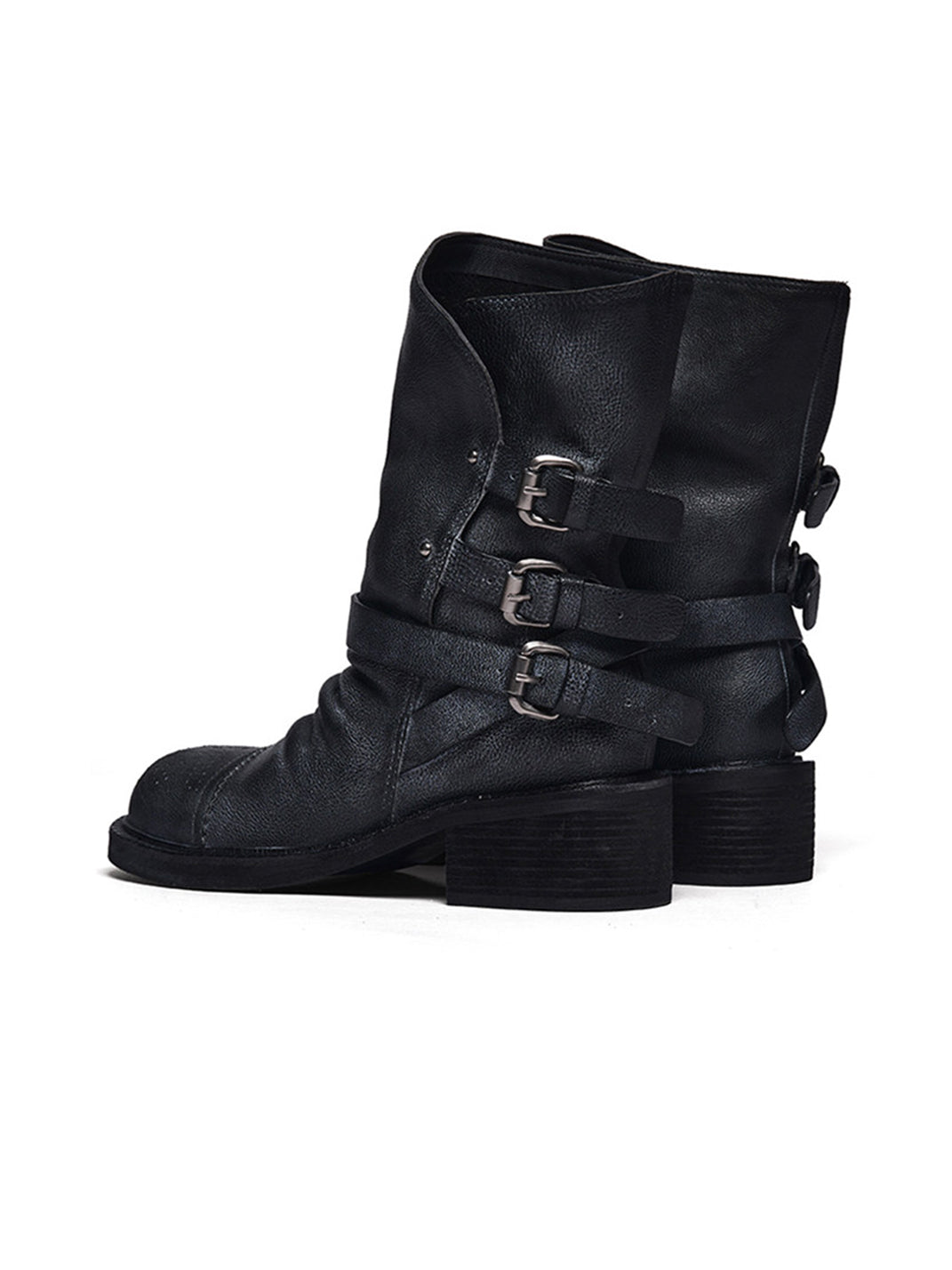 Distressed Triple-Buckle Ankle Boots