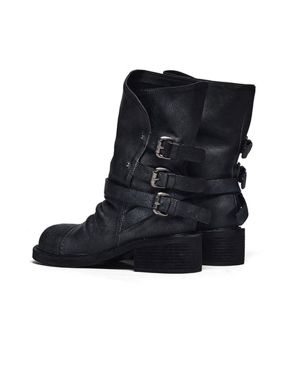 Distressed Triple-Buckle Ankle Boots