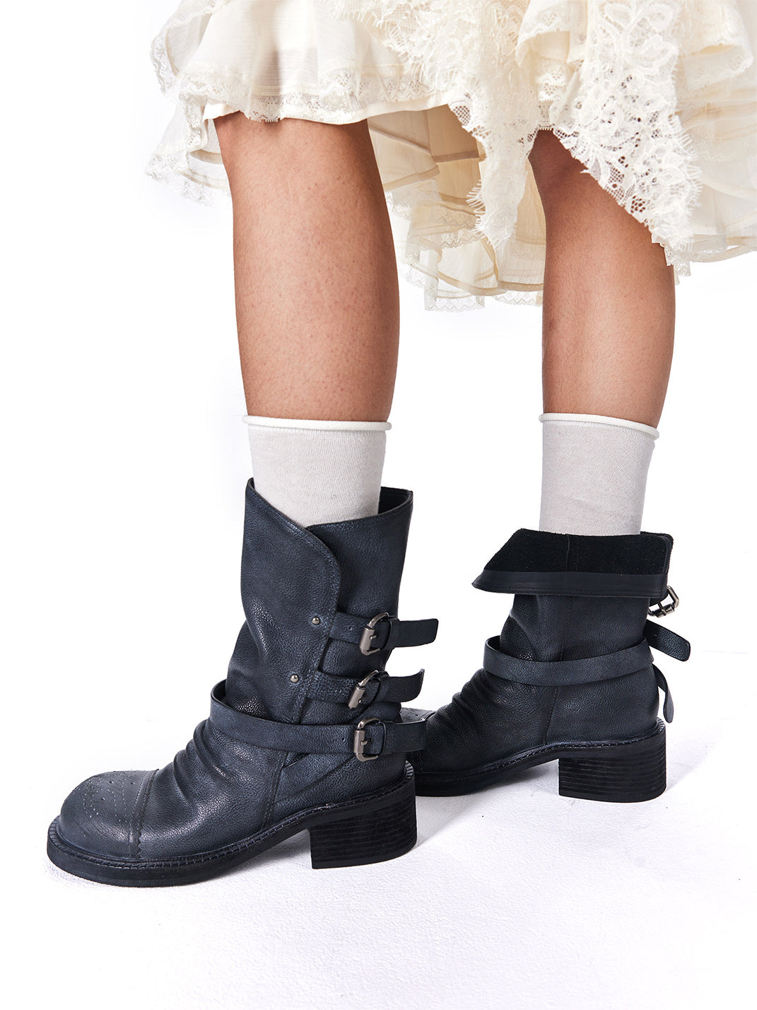 Distressed Triple-Buckle Ankle Boots