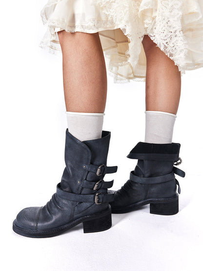 Distressed Triple-Buckle Ankle Boots