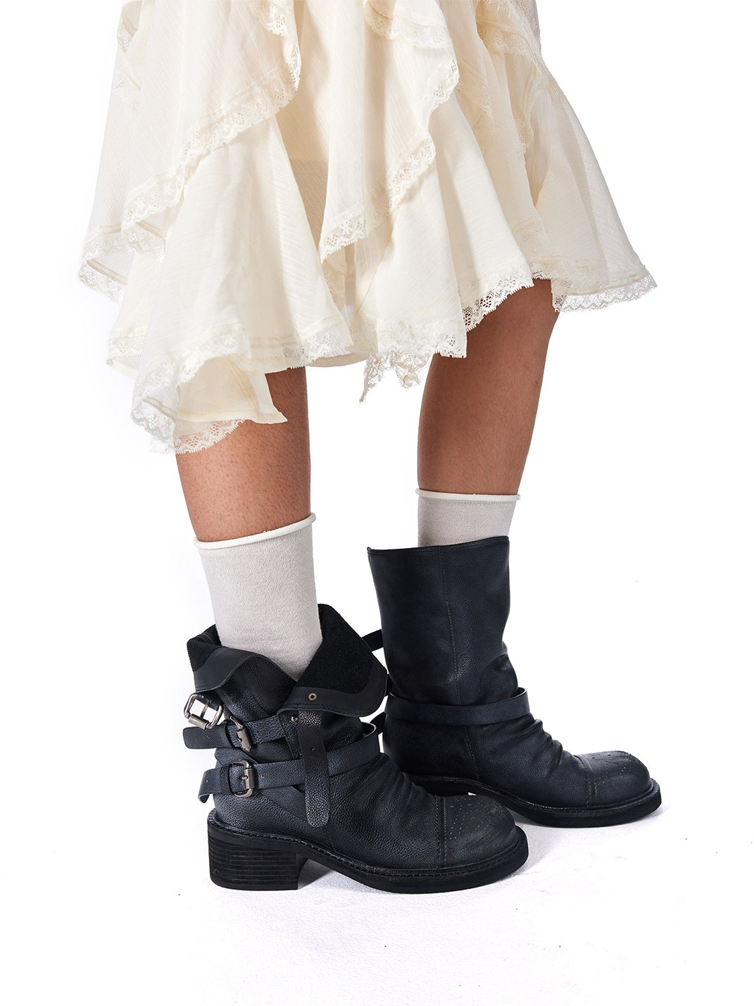 Distressed Triple-Buckle Ankle Boots