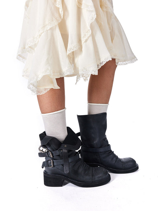 Distressed Triple-Buckle Ankle Boots