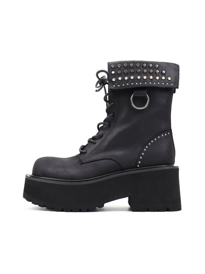 Studded-Cuff Distressed Leather Combat Boots