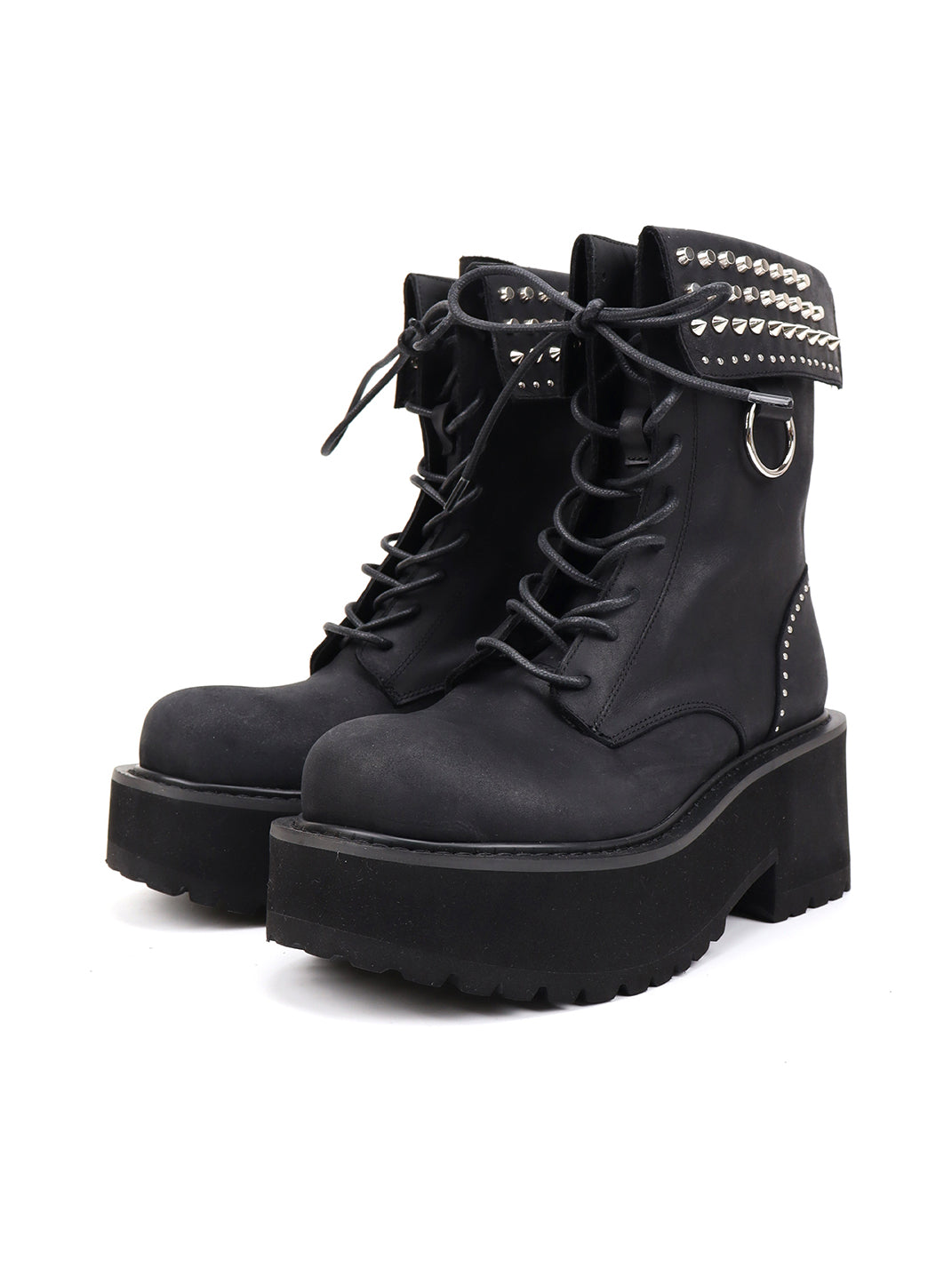 Studded-Cuff Distressed Leather Combat Boots
