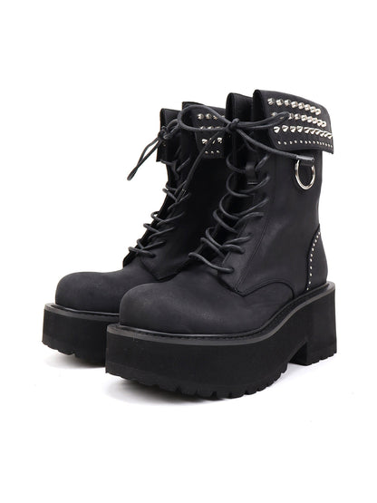 Studded-Cuff Distressed Leather Combat Boots