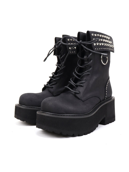 Studded-Cuff Distressed Leather Combat Boots