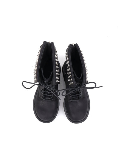 Studded-Cuff Distressed Leather Combat Boots