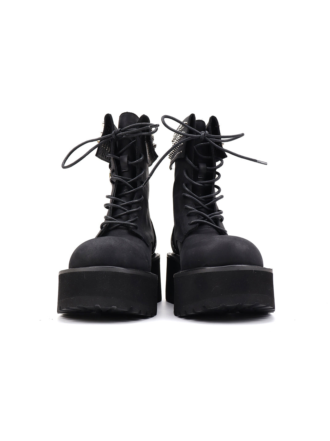 Studded-Cuff Distressed Leather Combat Boots
