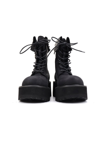 Studded-Cuff Distressed Leather Combat Boots