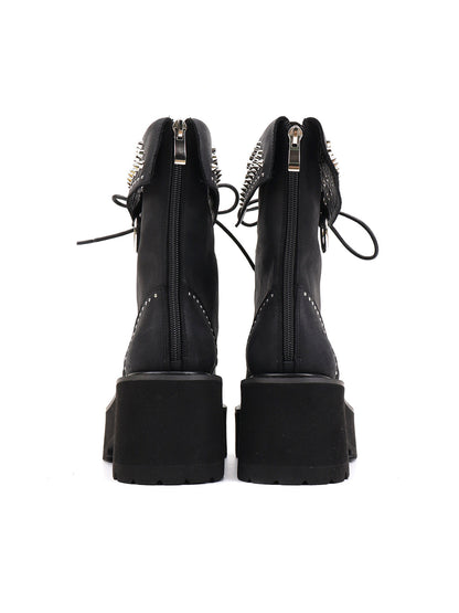 Studded-Cuff Distressed Leather Combat Boots