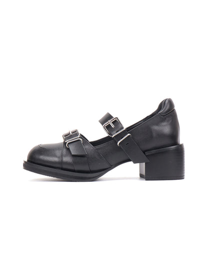 Double-Buckle Round-Toe Block-Heel Mary Janes