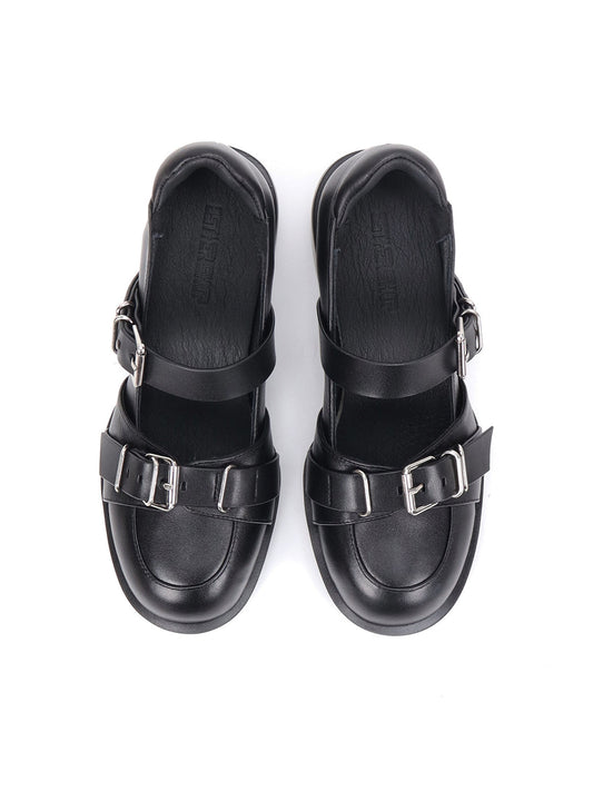 Double-Buckle Round-Toe Block-Heel Mary Janes