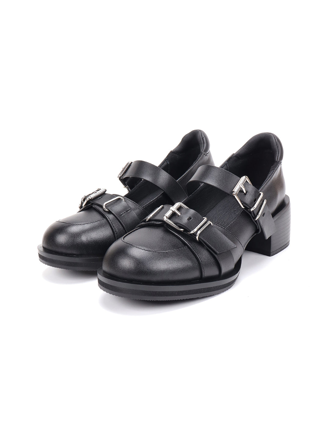Double-Buckle Round-Toe Block-Heel Mary Janes