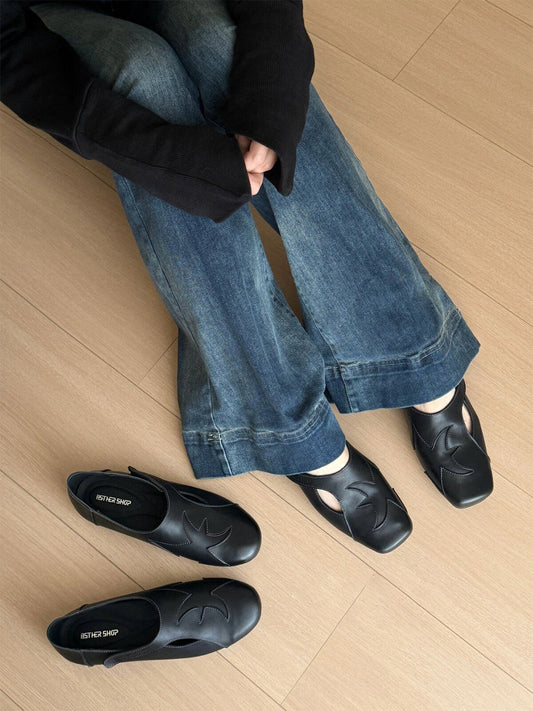 Star-Panel Square-Toe Leather Ballet Flats
