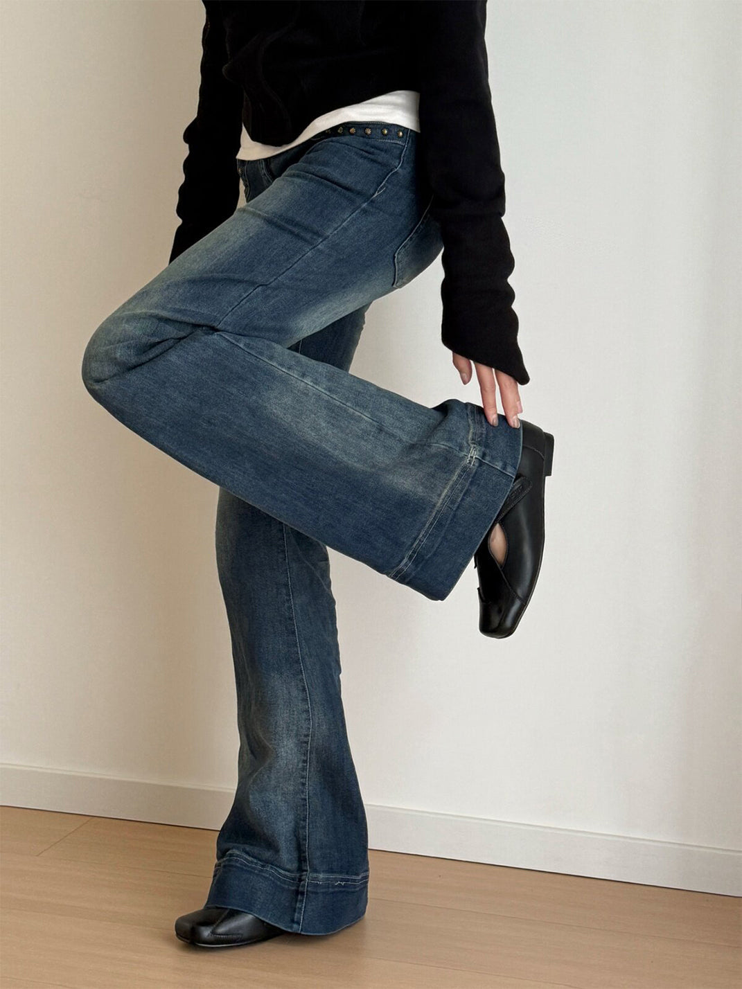 Star-Panel Square-Toe Leather Ballet Flats