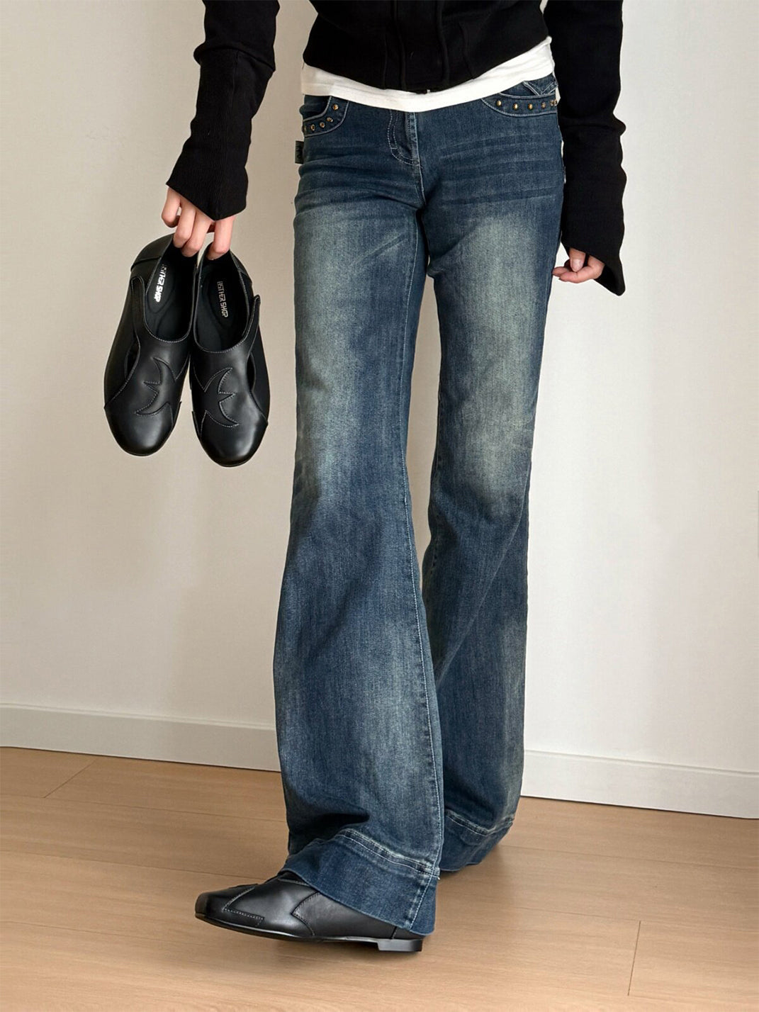 Star-Panel Square-Toe Leather Ballet Flats