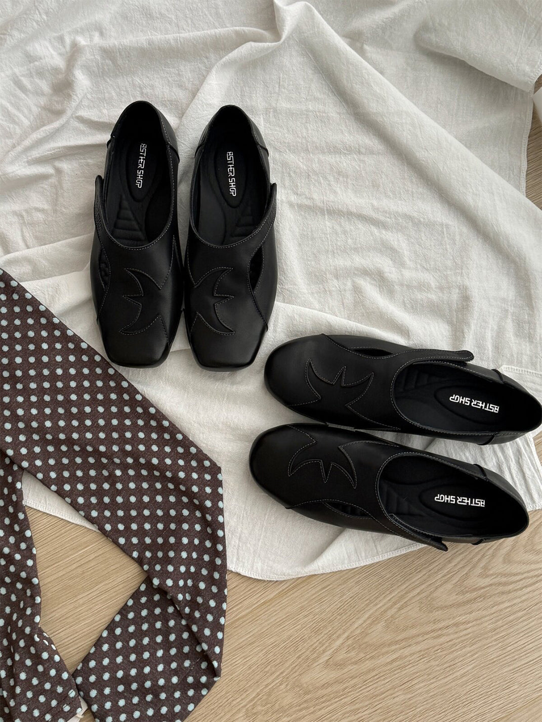 Star-Panel Square-Toe Leather Ballet Flats
