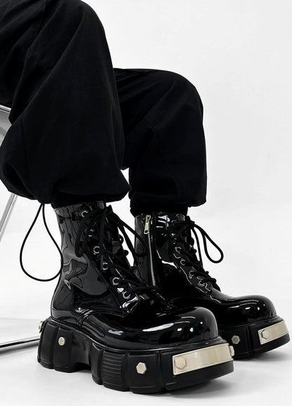 Shiny black synthetic leather high cut silhouette boots  HL3137