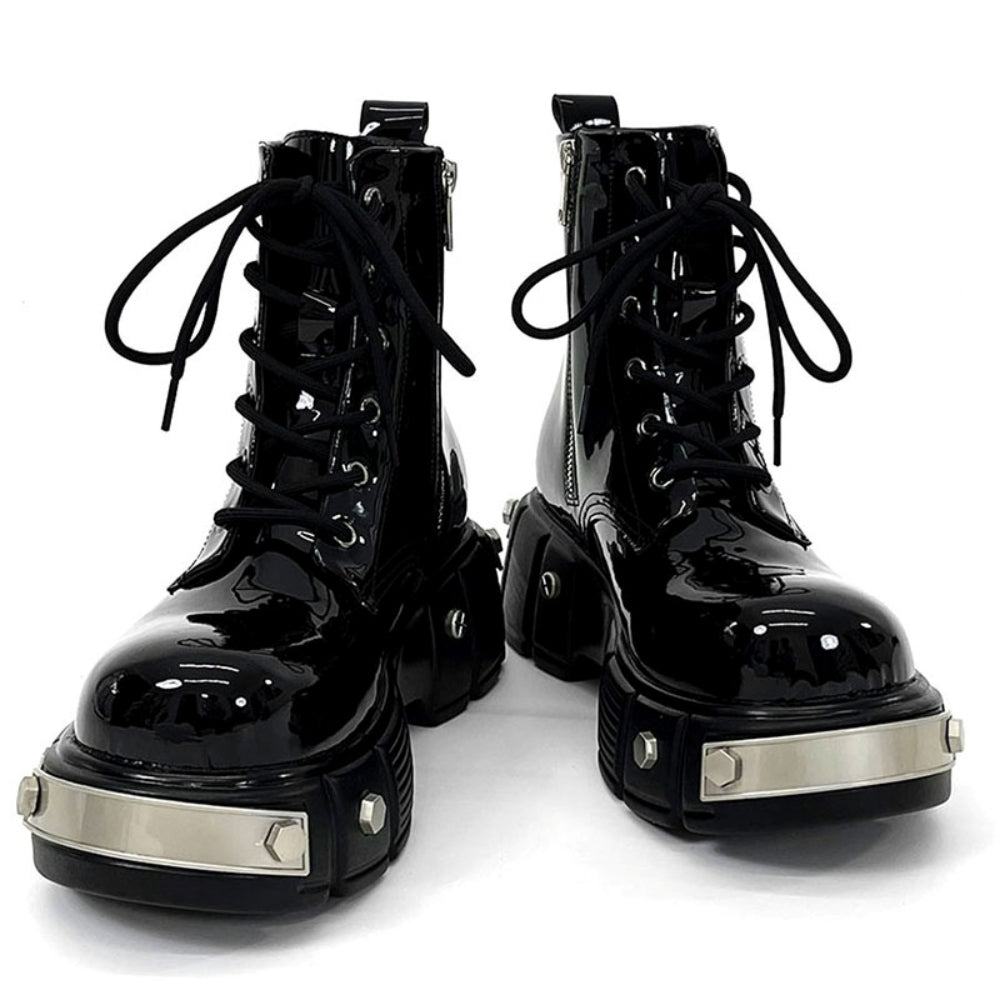Shiny black synthetic leather high cut silhouette boots  HL3137