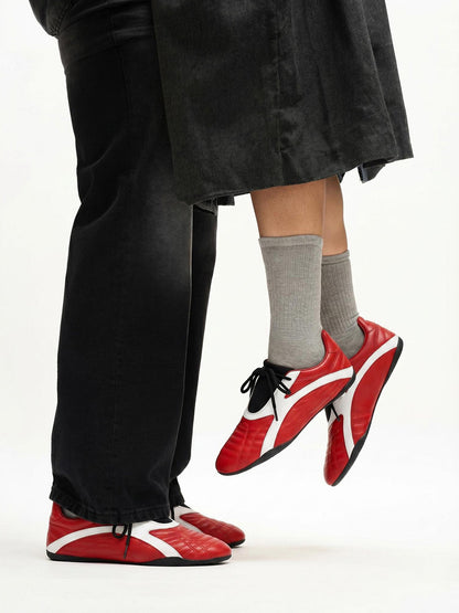 Red Quilted-Panel Flat-Sole Sneakers