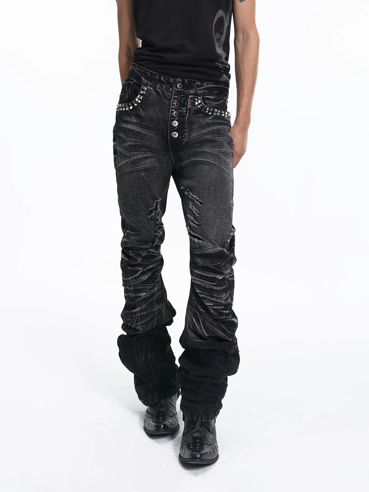 Blue Washed Riveted Curved Skinny Jeans