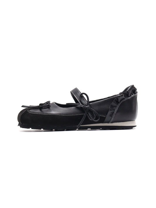 Black Bow-Tie Leather Ballet Flats