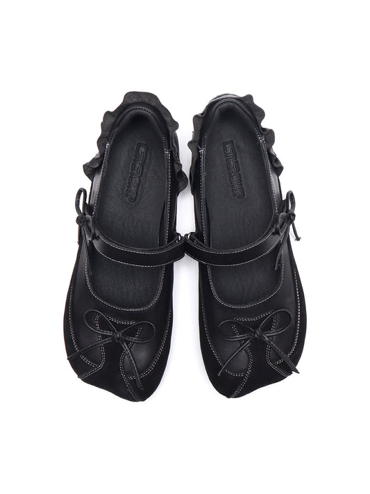 Black Bow-Tie Leather Ballet Flats