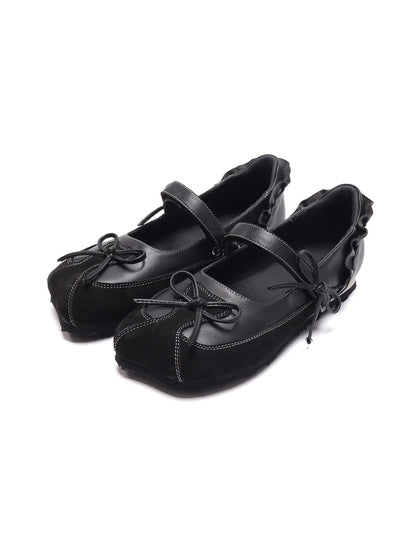 Black Bow-Tie Leather Ballet Flats