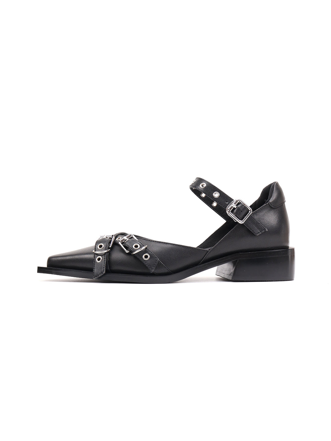 Black Buckle-Strap Pointed Mary Jane Flats