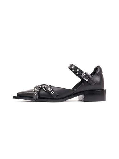 Black Buckle-Strap Pointed Mary Jane Flats
