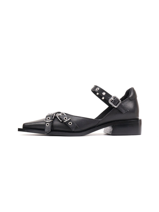 Black Buckle-Strap Pointed Mary Jane Flats