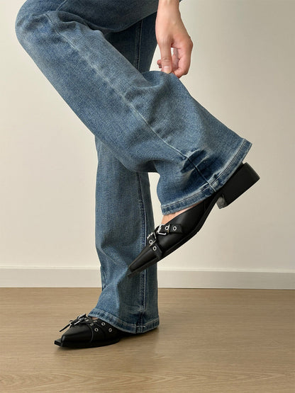 Black Buckle-Strap Pointed Mary Jane Flats