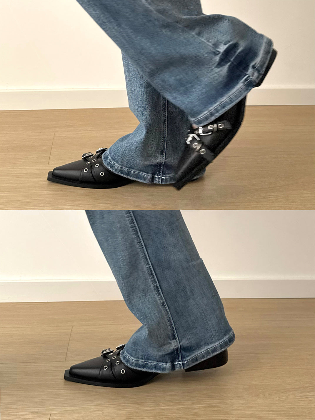 Black Buckle-Strap Pointed Mary Jane Flats