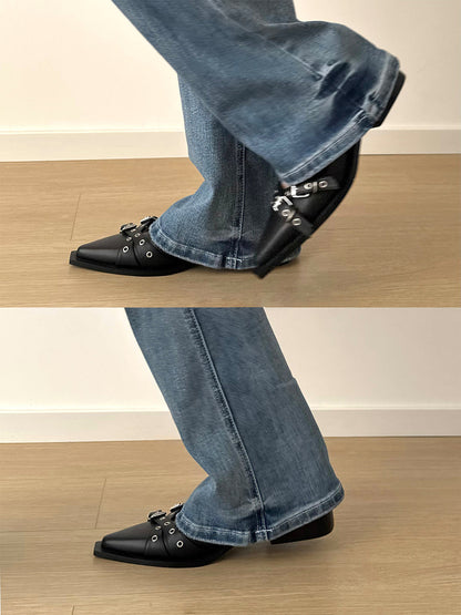 Black Buckle-Strap Pointed Mary Jane Flats