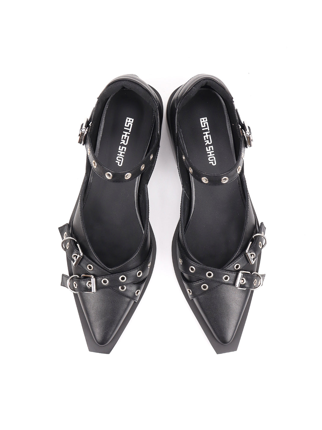 Black Buckle-Strap Pointed Mary Jane Flats