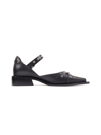 Black Buckle-Strap Pointed Mary Jane Flats