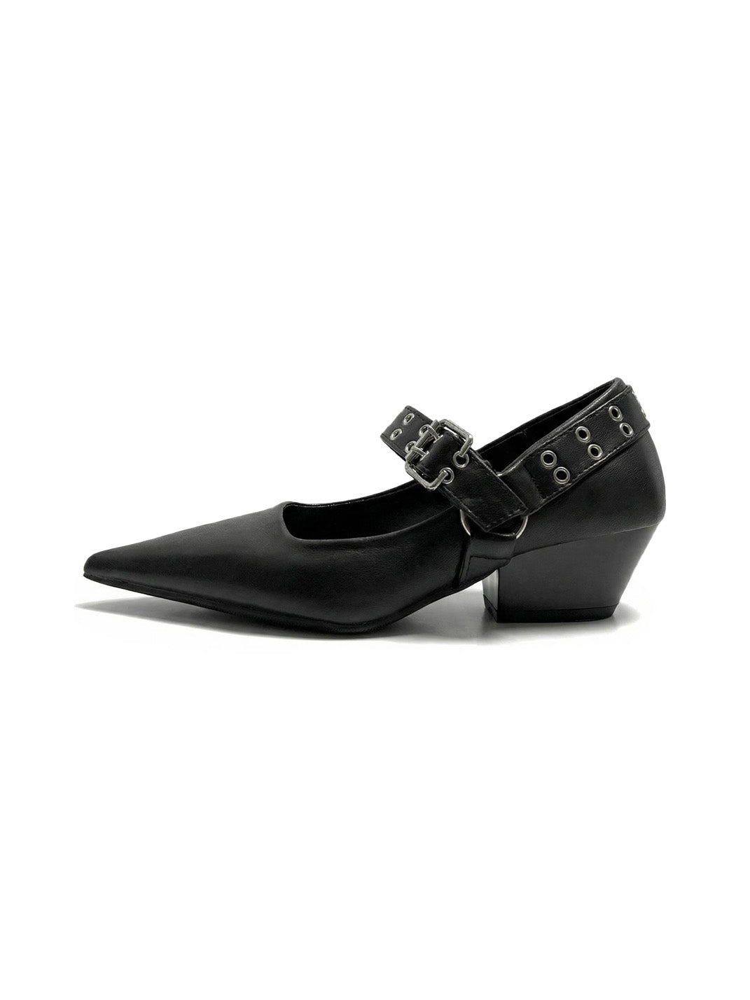 Black Buckle-Strap Pointed Mary Jane Pumps