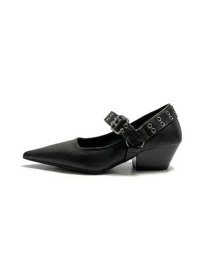Black Buckle-Strap Pointed Mary Jane Pumps