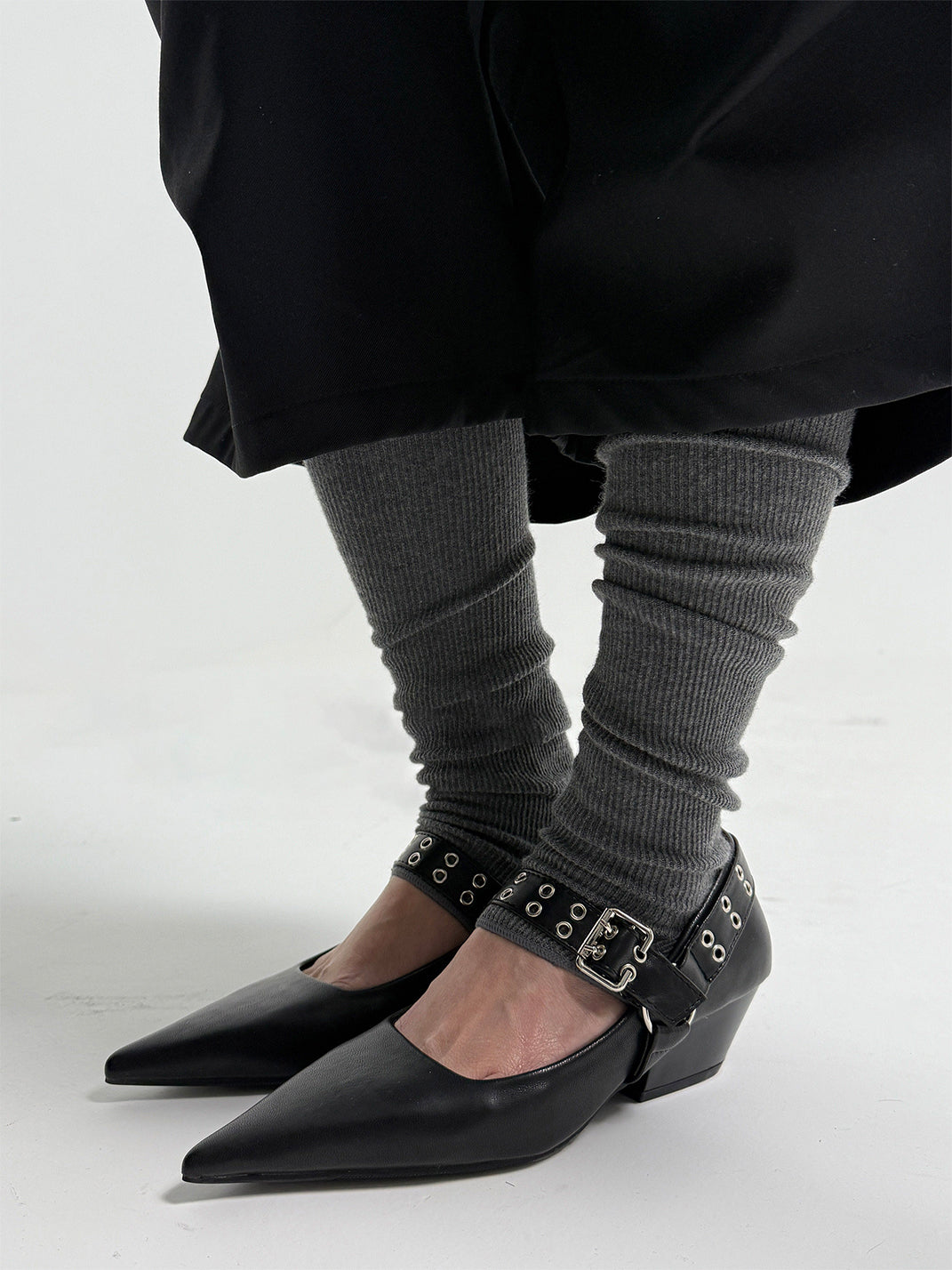 Black Buckle-Strap Pointed Mary Jane Pumps