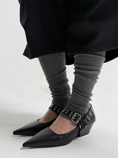 Black Buckle-Strap Pointed Mary Jane Pumps