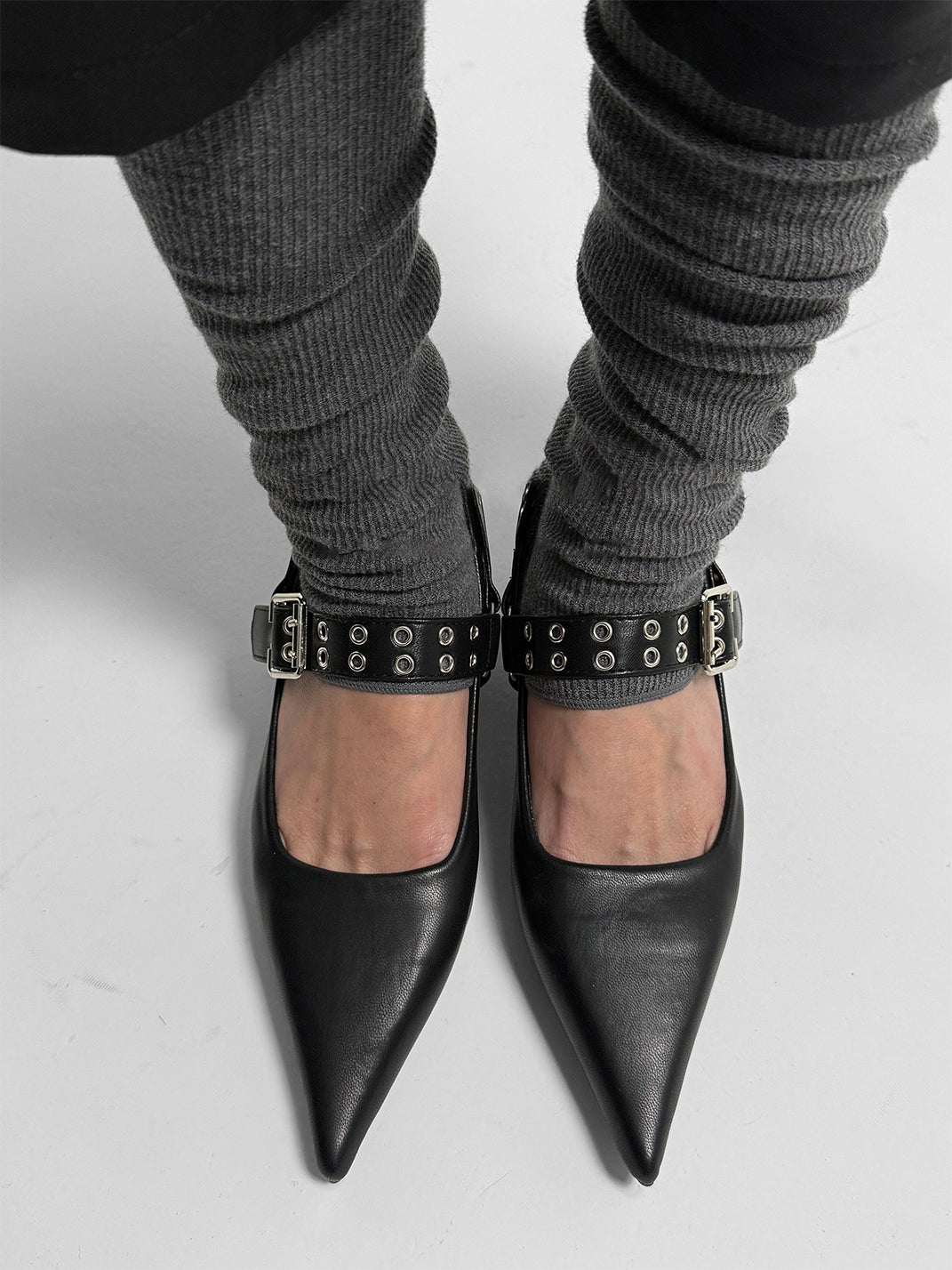 Black Buckle-Strap Pointed Mary Jane Pumps
