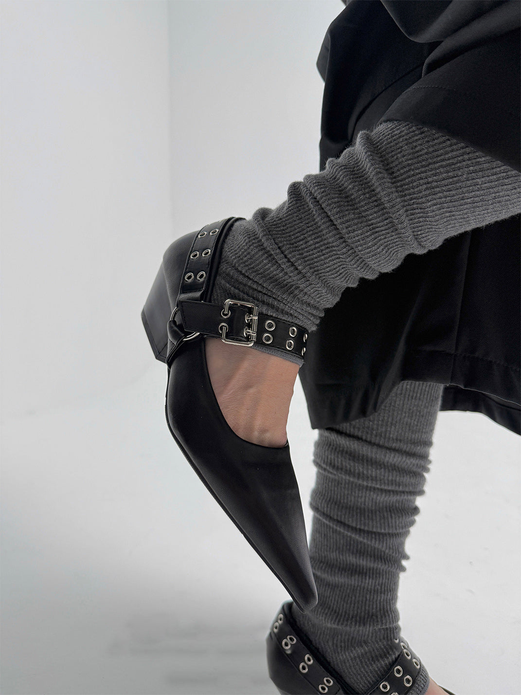 Black Buckle-Strap Pointed Mary Jane Pumps