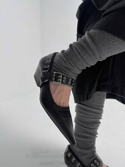 Black Buckle-Strap Pointed Mary Jane Pumps