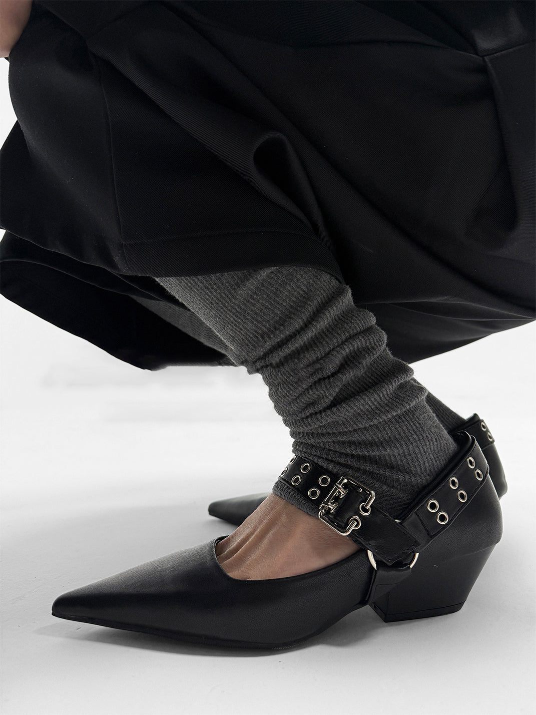 Black Buckle-Strap Pointed Mary Jane Pumps