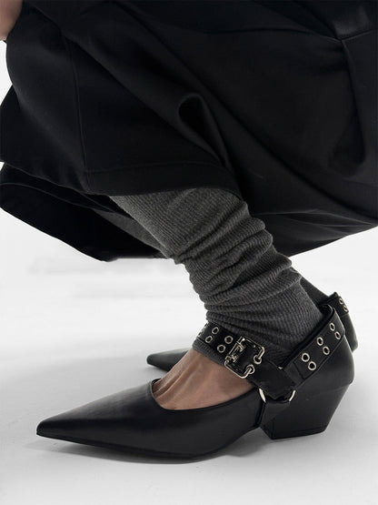 Black Buckle-Strap Pointed Mary Jane Pumps