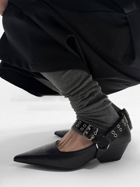 Black Buckle-Strap Pointed Mary Jane Pumps