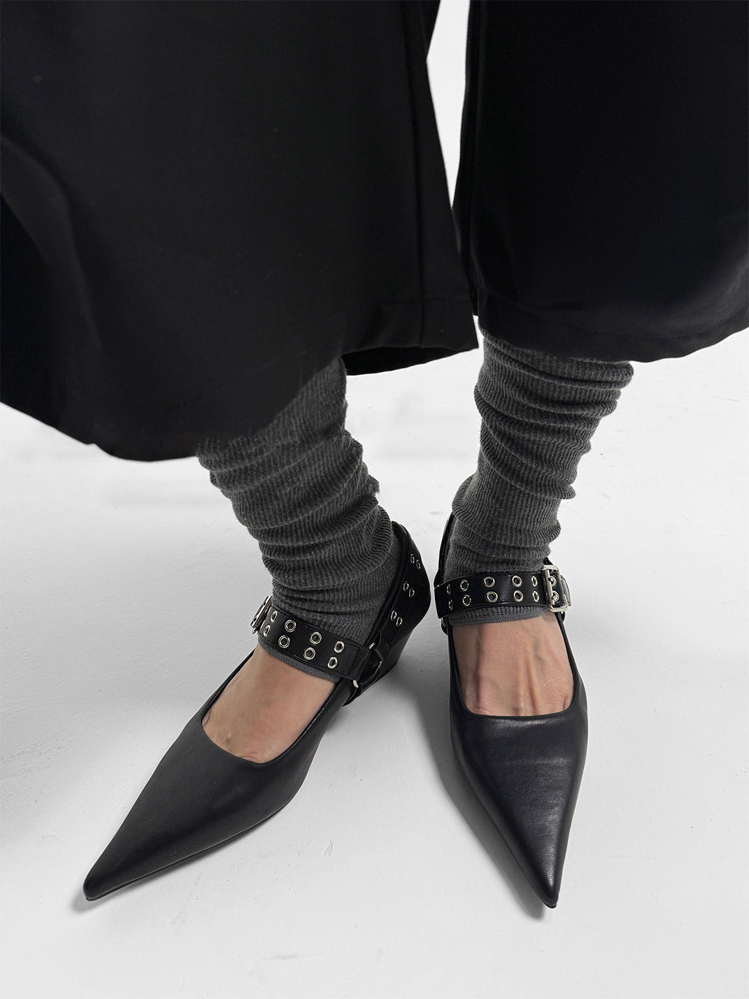 Black Buckle-Strap Pointed Mary Jane Pumps