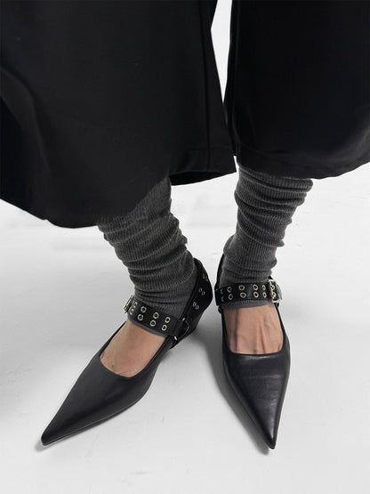 Black Buckle-Strap Pointed Mary Jane Pumps